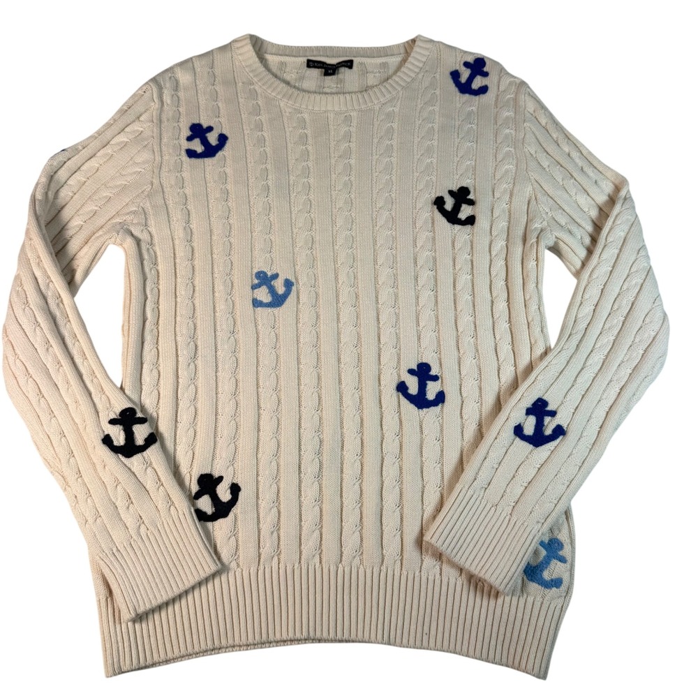 Kiel James Patrick Anchor Cable Knit Sweater XL Cream Cotton Coastal Preppy Mens